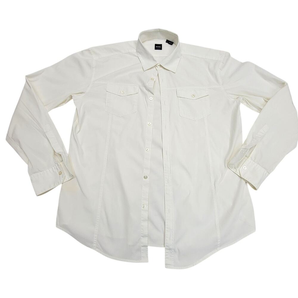 BOSS Hugo Boss Mens XL White Slim Fit Long Sleeve Button Up Flap Pocket Shirt